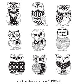 Set of cute owls for design element and adult or kids coloring book page. Vector illustration.