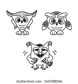 Set of cute owls drawn by a contour line isolated on white background. Vector illustration.