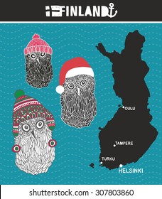 Set of cute owls from Finland. Vector illustration.