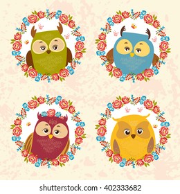 set of cute owls floral frame. bright illustration. owl lovers. vector illustration. 