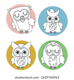 set of cute owls with fun shapes in outline style. vector illustration.