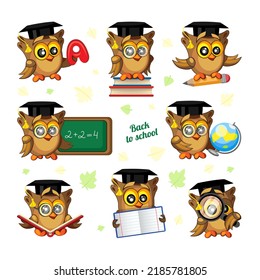 Set of cute owls in graduation hats on white background