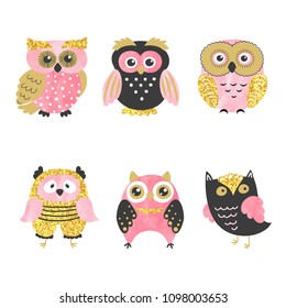 Set of cute owls isolated on white. Vector illustration.