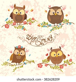 set of cute owls on branch in flowers. bright illustration. owl lovers. hello spring. vector illustration. awesome lettering.