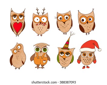 Set of cute owls. Vector cartoon owls and owlets birds isolated