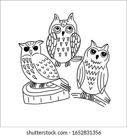 Set of cute owls in vector graphics on a white background. For making prints on clothes, wallpapers, for illustrating childrens books, coloring, covers of notebooks.