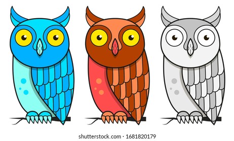 Set of cute owls. Vector Illustration Suitable For Greeting Card, Poster Or T-shirt Printing.