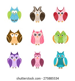 Set of cute owls, vector illustration
