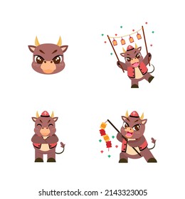 Set Of Cute Ox Cartoon With Traditional Clothes Zodiac Sign Vector Illustration