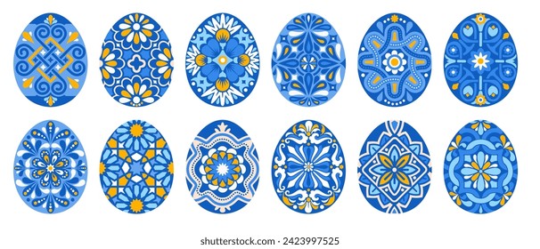 Set of cute painted Easter eggs with floral geometric patterns in azulejo mediterranean style, isolated on white background. Vector illustration