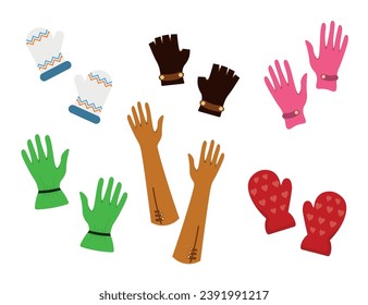 Set of cute pairs of gloves in cartoon style. Vector illustration of colored beautiful gloves with different designs and types, for children and adults: long, mitten gloves with ornament, hearts .