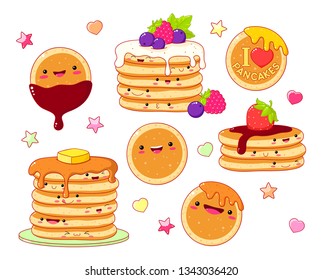 Set of cute pancake icons in kawaii style with smiling face and pink cheeks for sweet design. Pancakes with maple syrup, butter, chocolate and berries. EPS8  