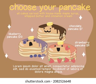 Set of cute pancakes vector. Cute illustration strawberry blueberry and chocolate pancake. Kawaii pancakes. Cute vector set. Hand-drawn vector set. 