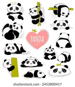 Set of Cute Panda. Adorable doodle stickers with black and white Asian bear. Charming animal icons. Design for print. Cartoon flat vector illustration collection isolated on white background