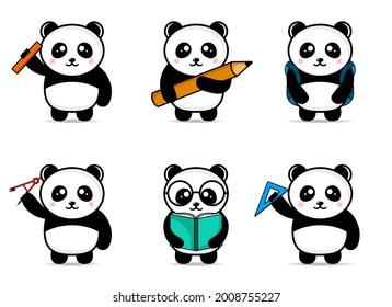 Set Cute Panda Back To School Design Mascot Kawaii