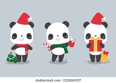 Set of cute panda bear cartoon characters wearing Santa hat and scarf. Festive Christmas holiday season concept. Flat vector illustration.