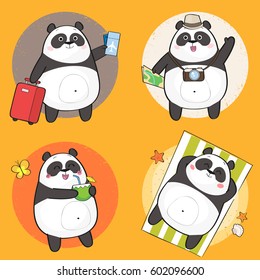 Set Of Cute Panda Bear Character On Summer Vacation. Summer Holiday Theme. Vector Illustration