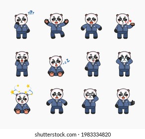 Set of cute panda bear characters in business suit showing various expressions. Panda sleeping, thinking, in love, angry and showing other emotions. Vector illustration