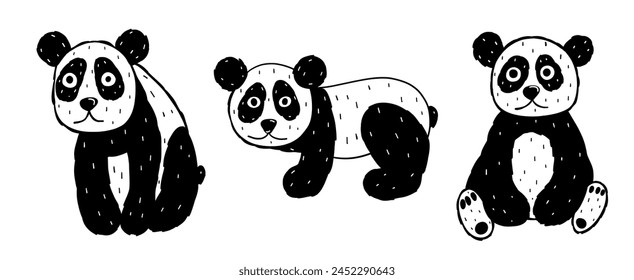 Set with cute panda bear in doodle style. Vector black and white illustration