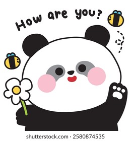 Set of cute panda bear with flower and bee.Teddy.How are you text.Chinese wild animal character cartoon.Image for card,sticker,baby clothing,print screen.Kawaii.Vector.Illustration.