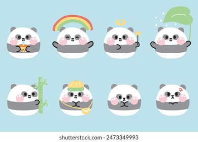 Set of cute panda bear round shape pastel in various poses and feeling on background.Chinese wild animal character cartoon design collection.Kawaii.Vector.illustration.