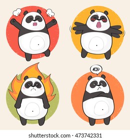 Set of a cute panda bear stickers in various poses. Angry cartoon panda character