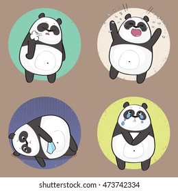 Set Of A Cute Panda Bear Stickers In Various Poses. Sad Cartoon Panda Character