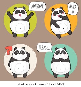 Set of cute panda bear stickers in various poses. Cartoon panda character