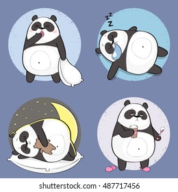 Set Of Cute Panda Bear Stickers In Various Poses. Cartoon Panda Character