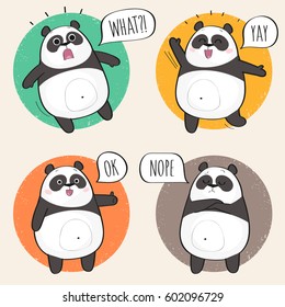 Set Of Cute Panda Bear Stickers In Various Poses. Cartoon Panda Character