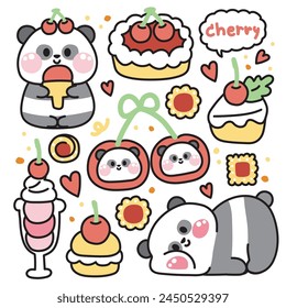 Conjunto de lindo oso panda varias poses en concepto de panadería de cereza. Caricatura de personaje animal salvaje chino design.Ice cream,cake,galletas,pie,corazón,fruta dibujada colección.Kawaii.Vector.Ilustración