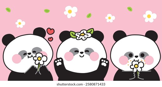 Set of cute panda bear in various poses with flower.Teddy.Chinese wild animal character cartoon.Image for card,sticker,baby clothing,print screen.Kawaii.Vector.Illustration.