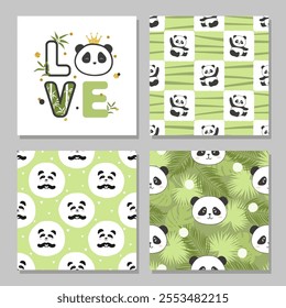 Set of cute panda bears card and seamless patterns. Vector print for kids