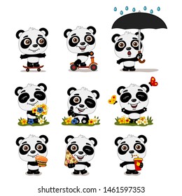 Set of cute Panda bears in cartoon style in different poses - skating, summer meadow, fast food