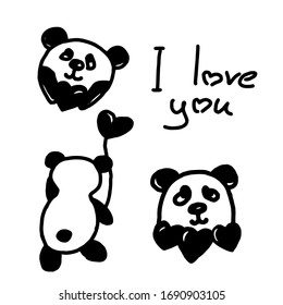 Set of cute Panda bears with hearts. Vector