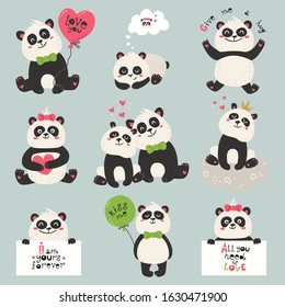 Set of cute panda bears. Love design for birthday invitation, poster, clothing, nursery wall art and Valentine's day card.