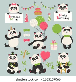 Set of cute panda bears. Love design for birthday invitation, poster, clothing, nursery wall art