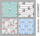 Set of cute panda bears seamless patterns. Vector print for kids