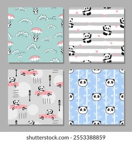 Set of cute panda bears seamless patterns. Vector print for kids