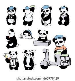 Set of cute panda character icons stickers vector design