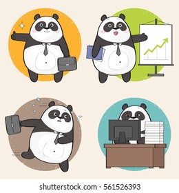 Set of cute panda character at work. Vector illustration