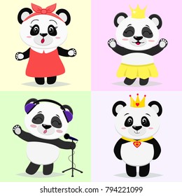A set of cute panda characters in different images in the style of a cartoon.