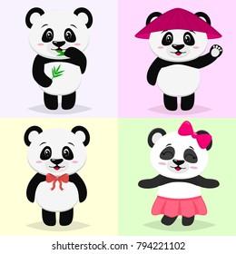 A set of cute panda characters in different images in the style of a cartoon.