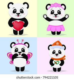 A set of cute panda characters in different images in the style of a cartoon.