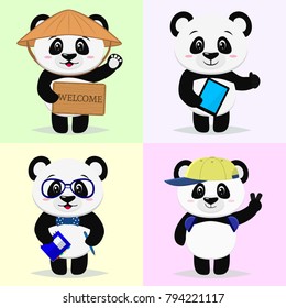 A set of cute panda characters in different images in the style of a cartoon.