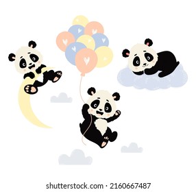 Set of Cute Panda Characters. Panda flying on balloons, lying on cloud and hanging on moon. Vector illustration. Cute animal in scandinavian style for posters, nursery collection, design, decor, print