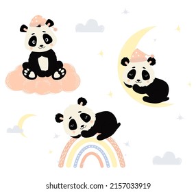 Set of cute panda characters. panda on cloud, sleeping animal on moon and on rainbow. Vector illustration. Cute bear in scandinavian style for posters, kids collection, nursery, design, decor