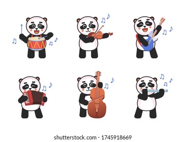 Set of cute panda characters playing on various music instruments. Kawaii panda with drums, violin, guitar, accordion, double bass, flute. Vector illustration