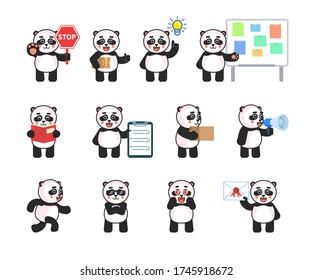 Set of cute panda characters in various situations. Kawaii panda holding stop sign, document, reading book, running and showing other actions. Vector illustration