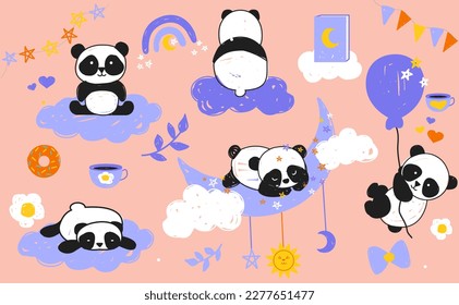 Set of cute panda. Collection of adorable animals on clouds. Imagination and fantasy, dream. Design element for greeting postcard. Cartoon flat vector illustrations isolated on pink background